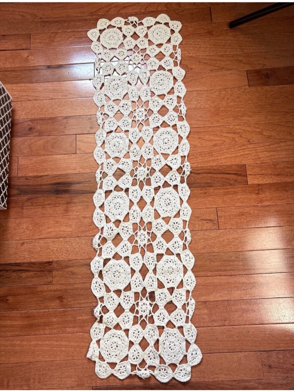 Handcrafted Cream Crochet Table Runner 39" Intricate Floral Design Boho/Vintage
